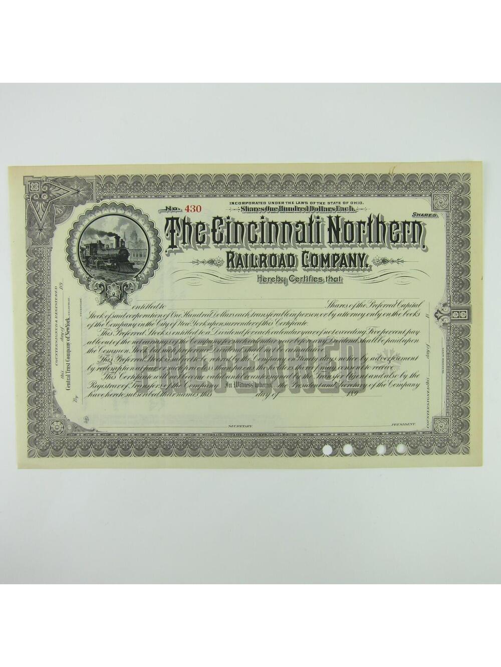 Antique 1890s Cincinnati Northern Railroad Co Stock Certificate Railroad Stocks